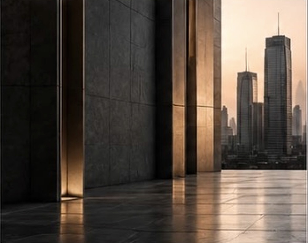 Arquitetura corporativa contemporânea em tons de bronze e grafite